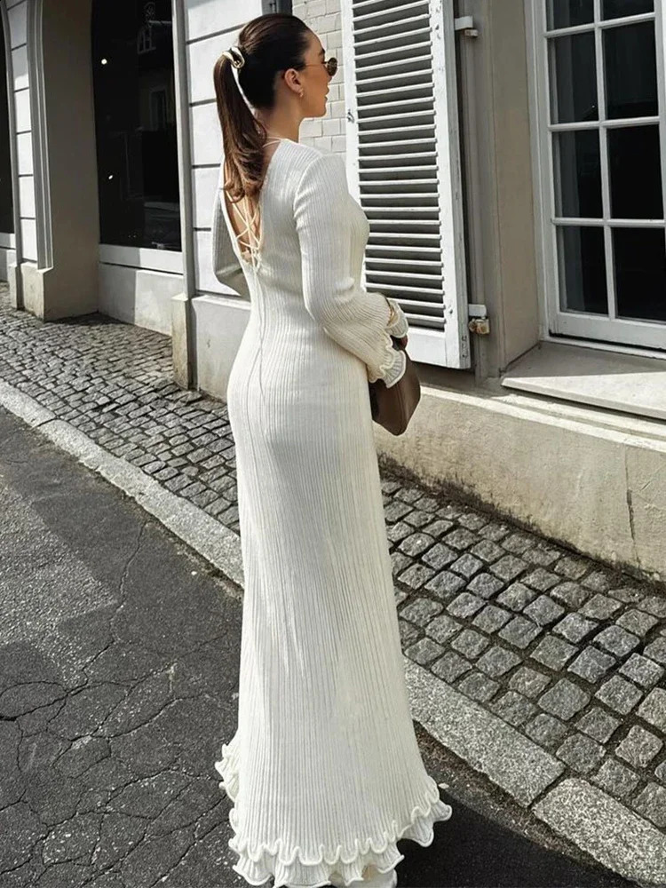 Ladies Elegant Flared Sleeve Knitted Dres Fashion Crew Neck White Slim Robes 2024 Summer Female Party Street Dresses 240816Z