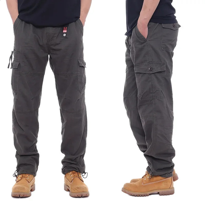 Product Brown pants loose mens outdoor hunting functional elastic waist pure cotton casual work 240821