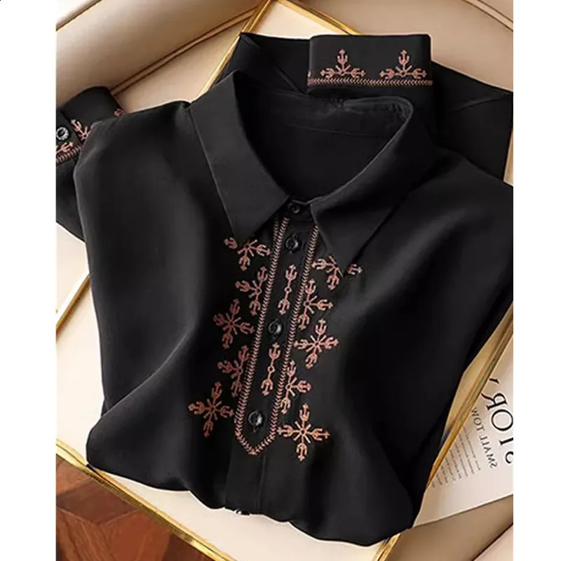 Womens long sleeved shirt imitating silk summer and embroidered fashionable spring 240814
