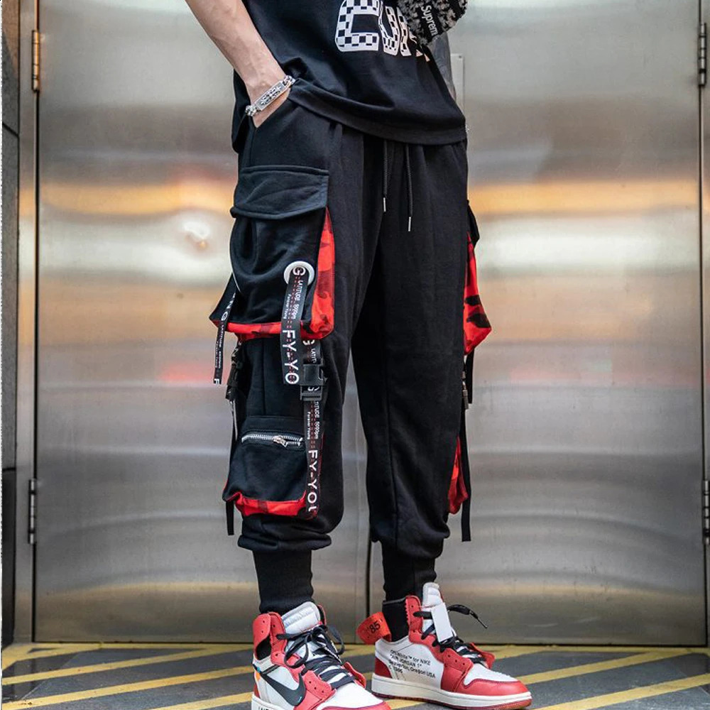 Mens Cargo Pants Casual Hip Hop Hit Color Multiple Pockets Trousers Streetwear Ribbons Techwear Sweatpants 240816