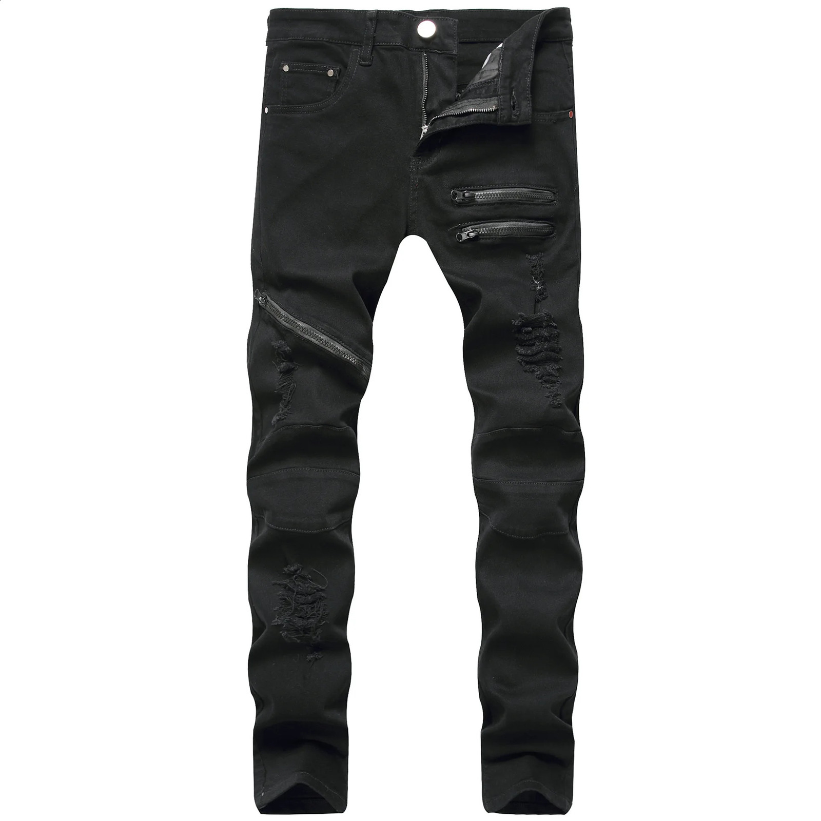 Y2K Spring Mens Perforated Denim Trouser Fashion Tear White Jeans Hip Hop Retro Tight Zipper Casual Homme w240816