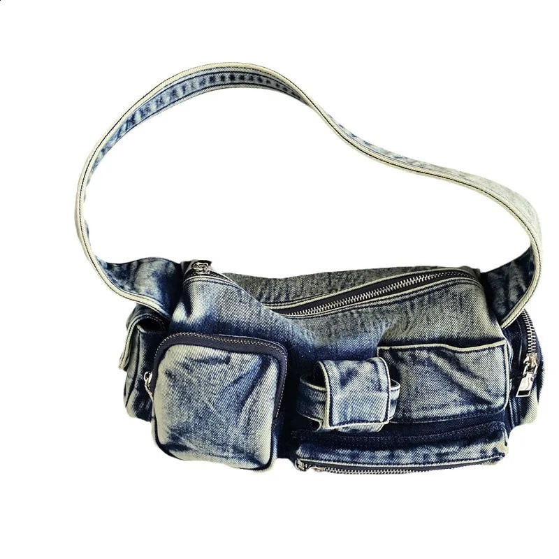 Women Denim Crossbody Bag Casual Large Capacity Shoulder Bag Vintage Solid Color Messenger Bag Multi-Pockets Zipper Commute Bag 240816