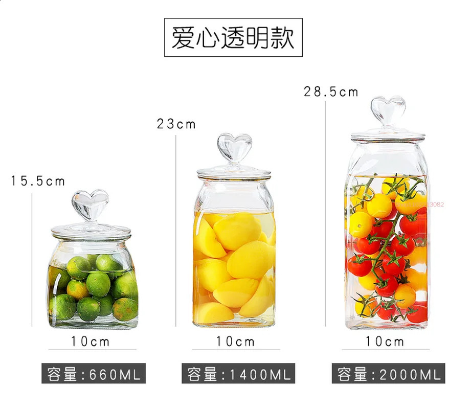 Glass candy jar with heart-shaped lid household kitchen coffee storage jar dried fruit food storage jar kitchen supplies 240816