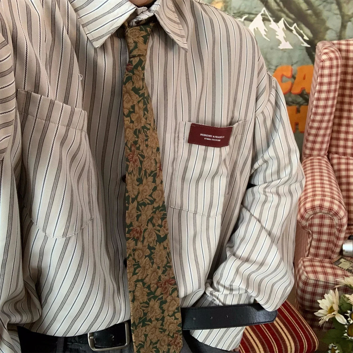 Vintage High Striped Shirt Jacket Mens Loose Ins Long Sleeved Top Tops Shirts for Men Clothing Camisas y Blusa 240816CJ