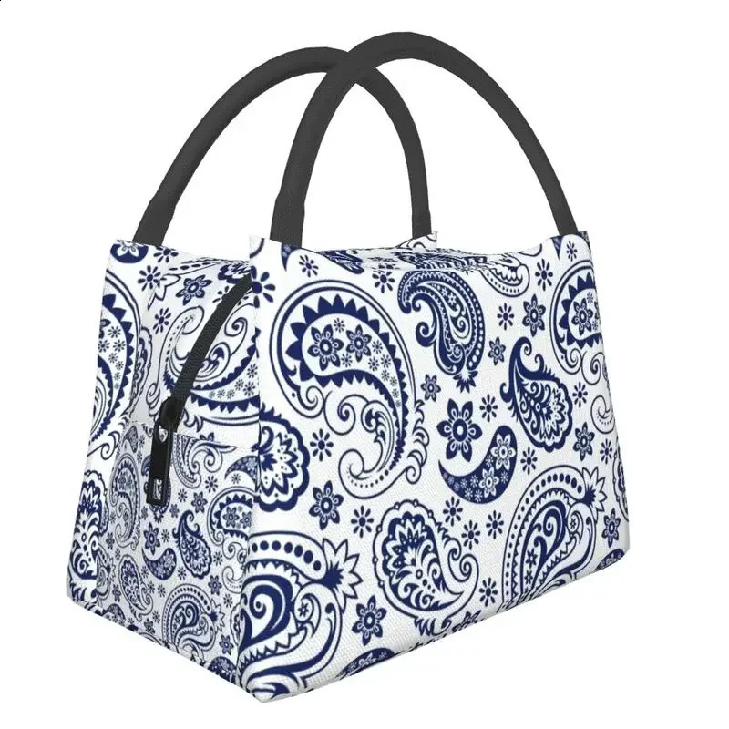 Blue And White Vintage Paisley Style Insulated Lunch Bag for Women Leakproof Flowers Pattern Cooler Thermal Lunch Tote 240816