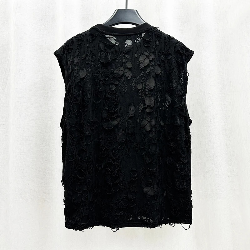 PFHQ mens summer vest wearing personalized patch work clothes perforated sleeveless mens breathable summer vest model 21Z49 240816