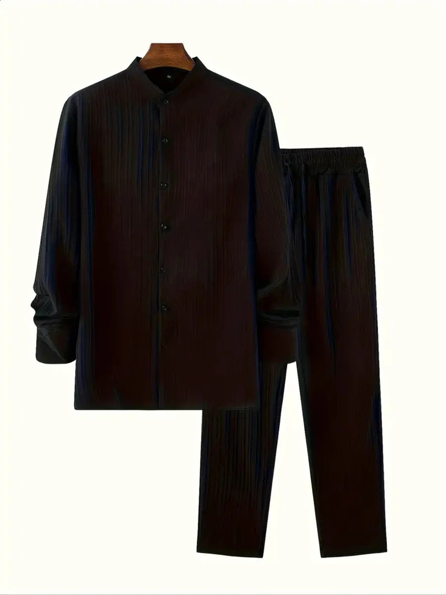 Tiki Mens Shirt Spring And Autumn Casual Shopping Solid Color Striped Long Sleeve Shirt Striped Pants Set Flash Sales 240821