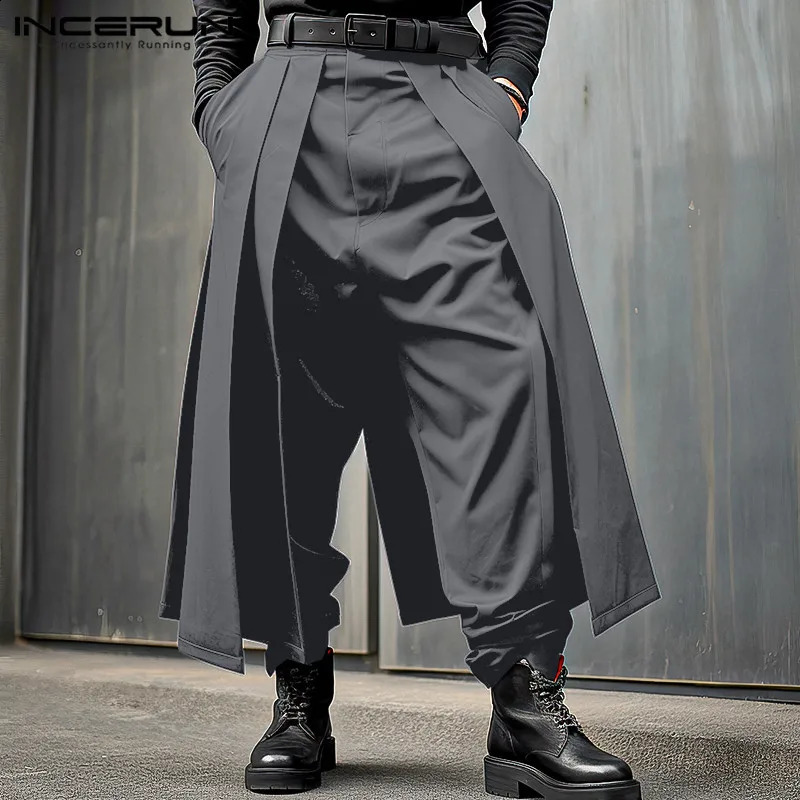INCERUN Mens Irregular Pants Solid Color Jogger Loose Button Fold Casual Wide Leg Street Clothing Fashion w240816