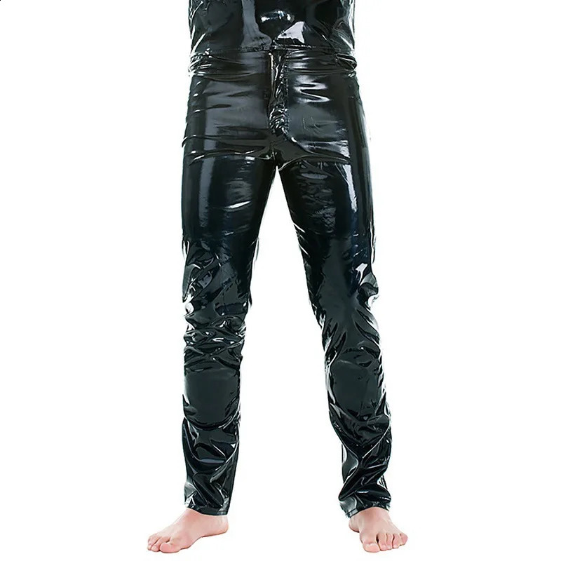 Latex Mens Pants Shiny Wet Look PU Leather Pants Fashion Tight Trousers for Club Stage Show Rock Band Performance 240816
