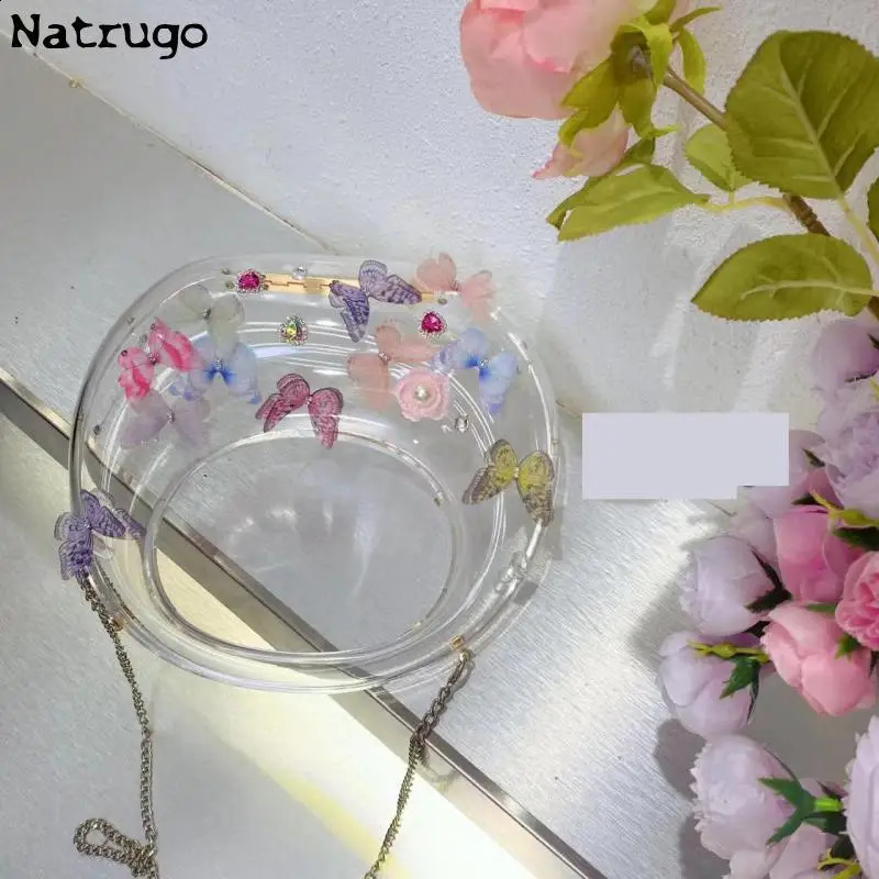 Butterfly Decoration Acrylic Clutch Bag Women Clear Wedding Evening Party Round Purse Tote Handbag 241216