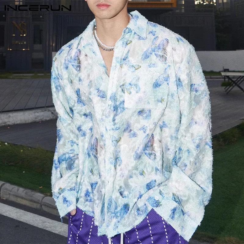 Men Shirt Floral Printing Lapel Long Sleeve Casual Men Clothing Streetwear Loose Korean Style Fashion Shirts S-5XL INCERUN 240816