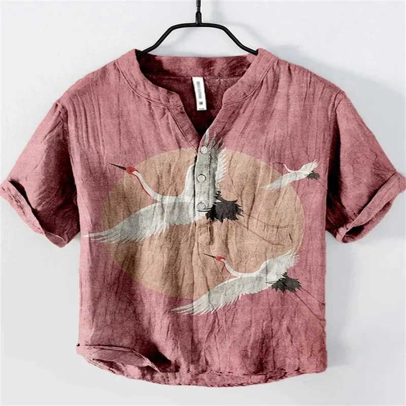 2024 new linen shirt 100% mens Japanese art landscape ink bamboo bird fish 3D printing fashion casual Henry V-neck shirtW240726