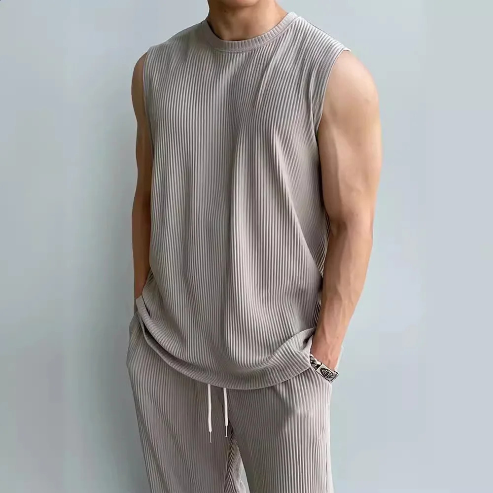 Summer Clothing Mens Casual Tank Tops Set Korean Streetwear O Neck Solid Drape VestTrousers 2 Piece Suit 2024 240809