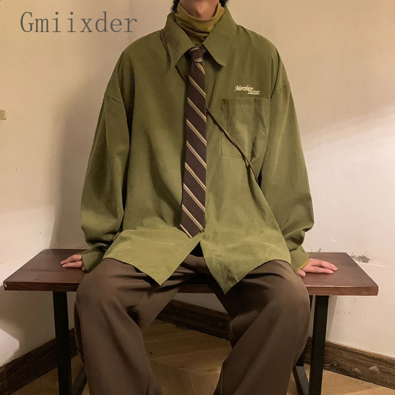 Gmiixdermens Japanese Preppy Blouse Loose Fitting Long Sleeved Button Lapel Blouse Versatile Tie Preppy Vintage Green Shirt Top 240816