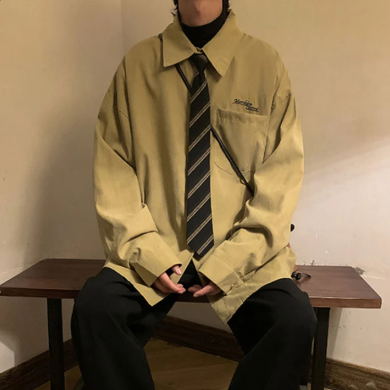 Gmiixdermens Japanese Preppy Blouse Loose Fitting Long Sleeved Button Lapel Blouse Versatile Tie Preppy Vintage Green Shirt Top 240816