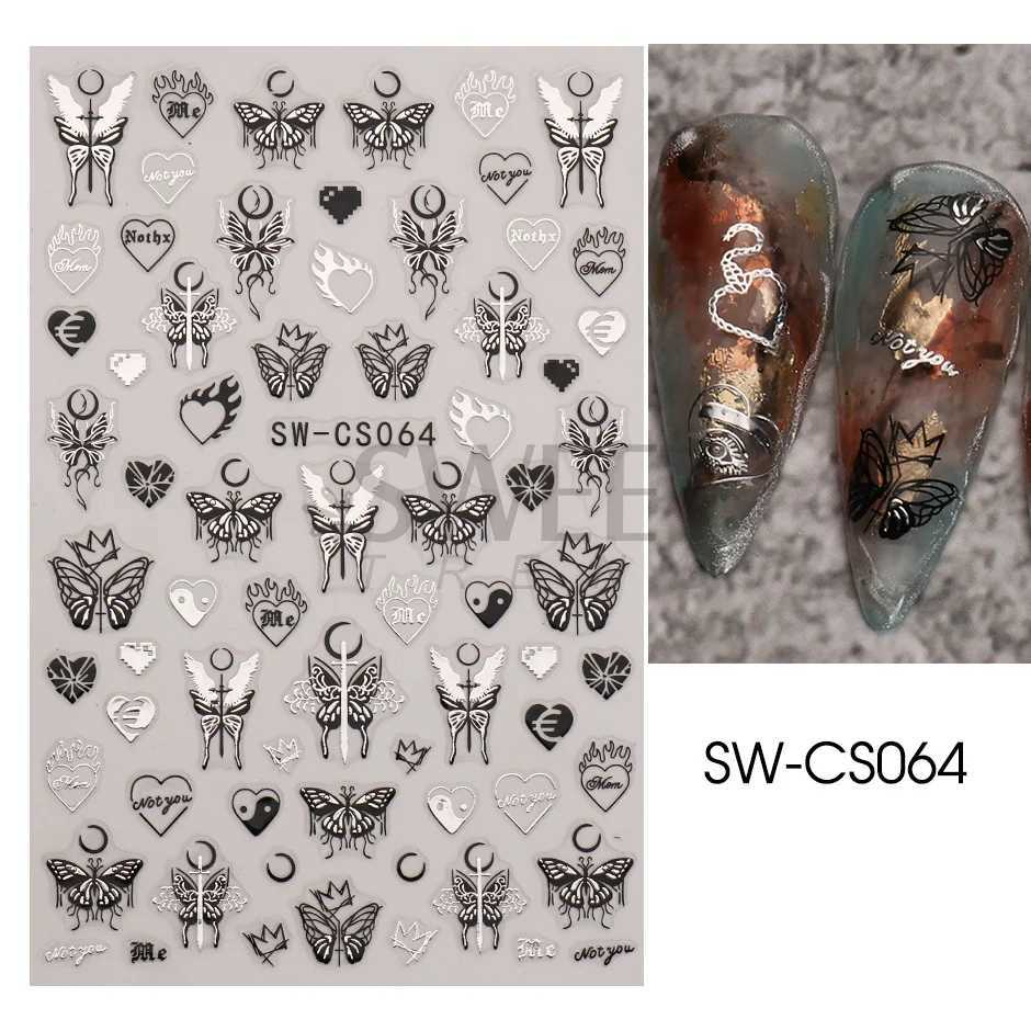 3D Metallic Silver Nail Stickers Butterfly Ink Moon Heart Sliders Charms Lock Dark Black Foils Nail Decor Jewelry Accessory SASWXJ250120
