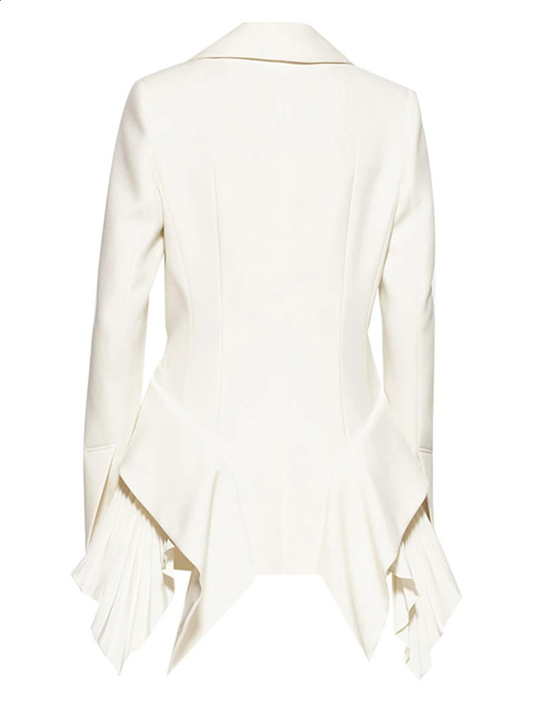 Womens white irregular pleated elegant jacket with ruffles lapel long sleeved fashionable and trendy spring autumn 1DH4840 240814