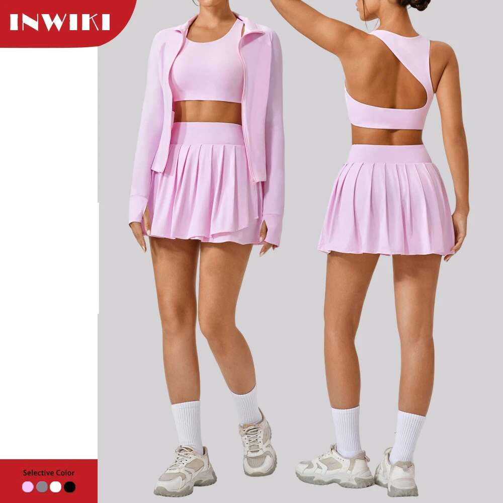Tennis Summer Outfit Women Sun Protection Jacket Yoga Sport Bra Pleated Skirt with Shorts Underneath Badminton Skort Golf Wear