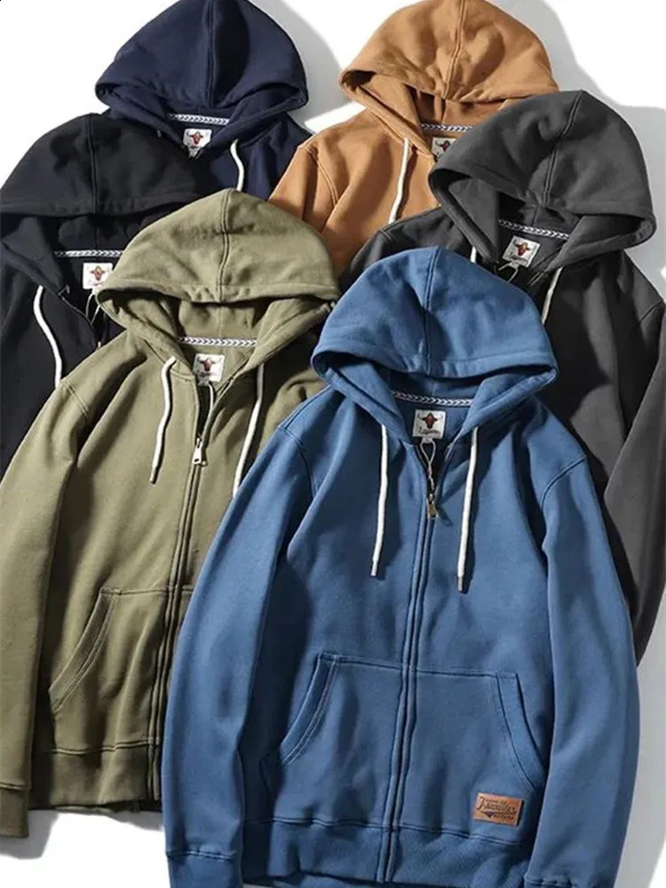 Autumn Winter American Retro Heavyweight Long Sleeved Hooded Hoodies Mens Simple Thickened Velvet Casual Cardigan Sweatshirts 240809