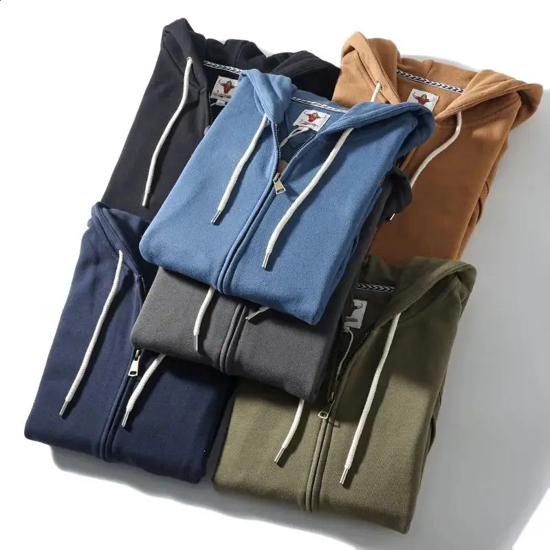 Autumn Winter American Retro Heavyweight Long Sleeved Hooded Hoodies Mens Simple Thickened Velvet Casual Cardigan Sweatshirts 240809