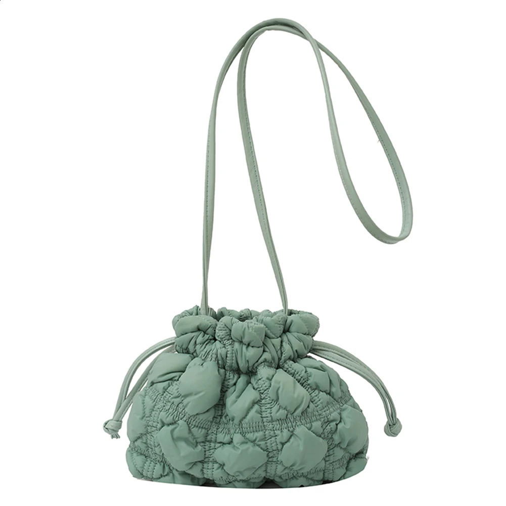 Women Puffer Bucket Bag Detachable Strap Drawstring Shoulder Bags Solid Color Quilted Crossbody for Outdoor Travel 240816