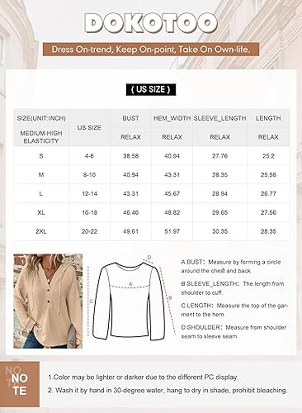 Dokotoo Hoodies for Women Waffle Knit Drawstring Button V Neck Long Sleeve Casual Pullover Sweatshirt Hooded Tops