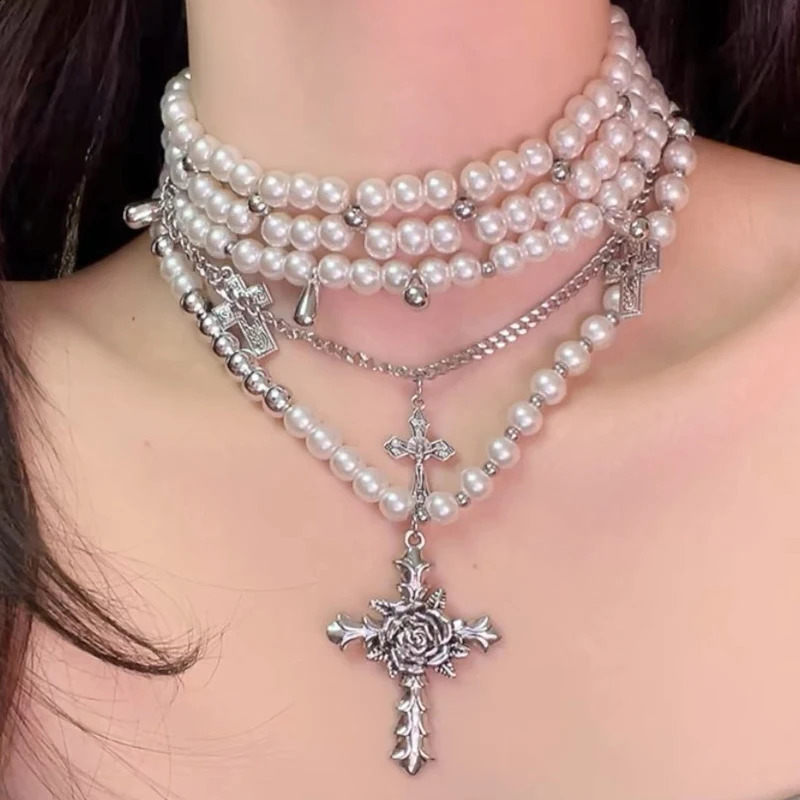 Y2K Accessories Pearl Cross Necklaces Multi Layer Choker Set Charms Necklace for Women Korean Fashion Necklace Punk Goth Jewelry 240809