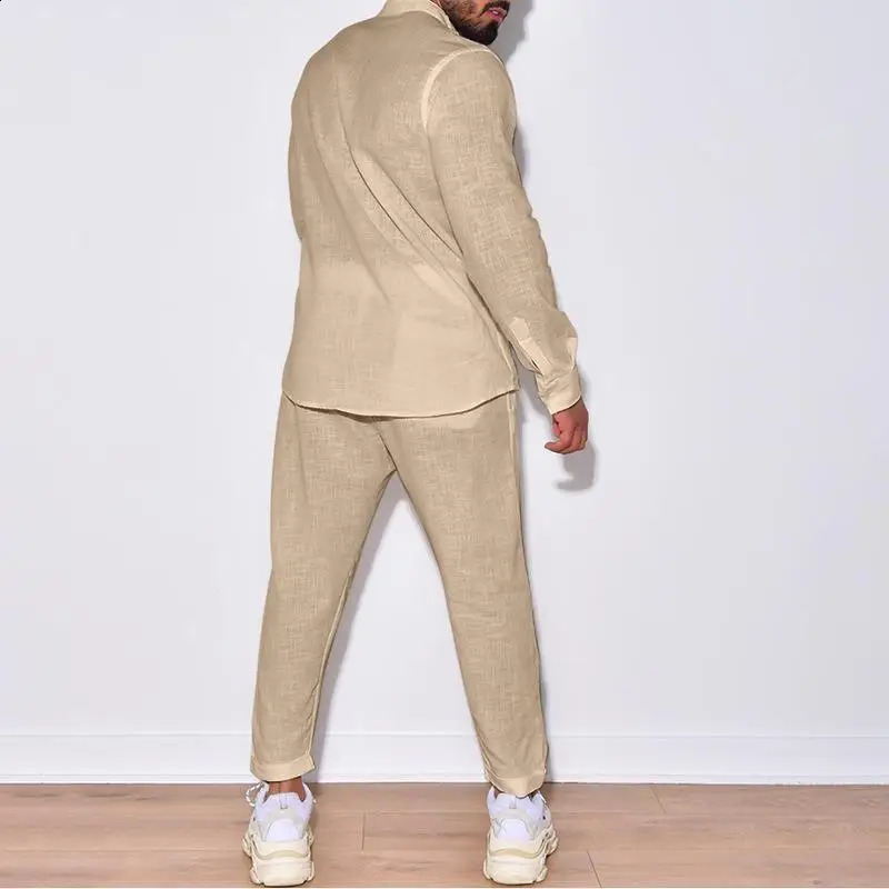 Mens set linen spring and autumn casual set long sleeved shirt and mens two-piece set fashionable mens selling comfort 240827