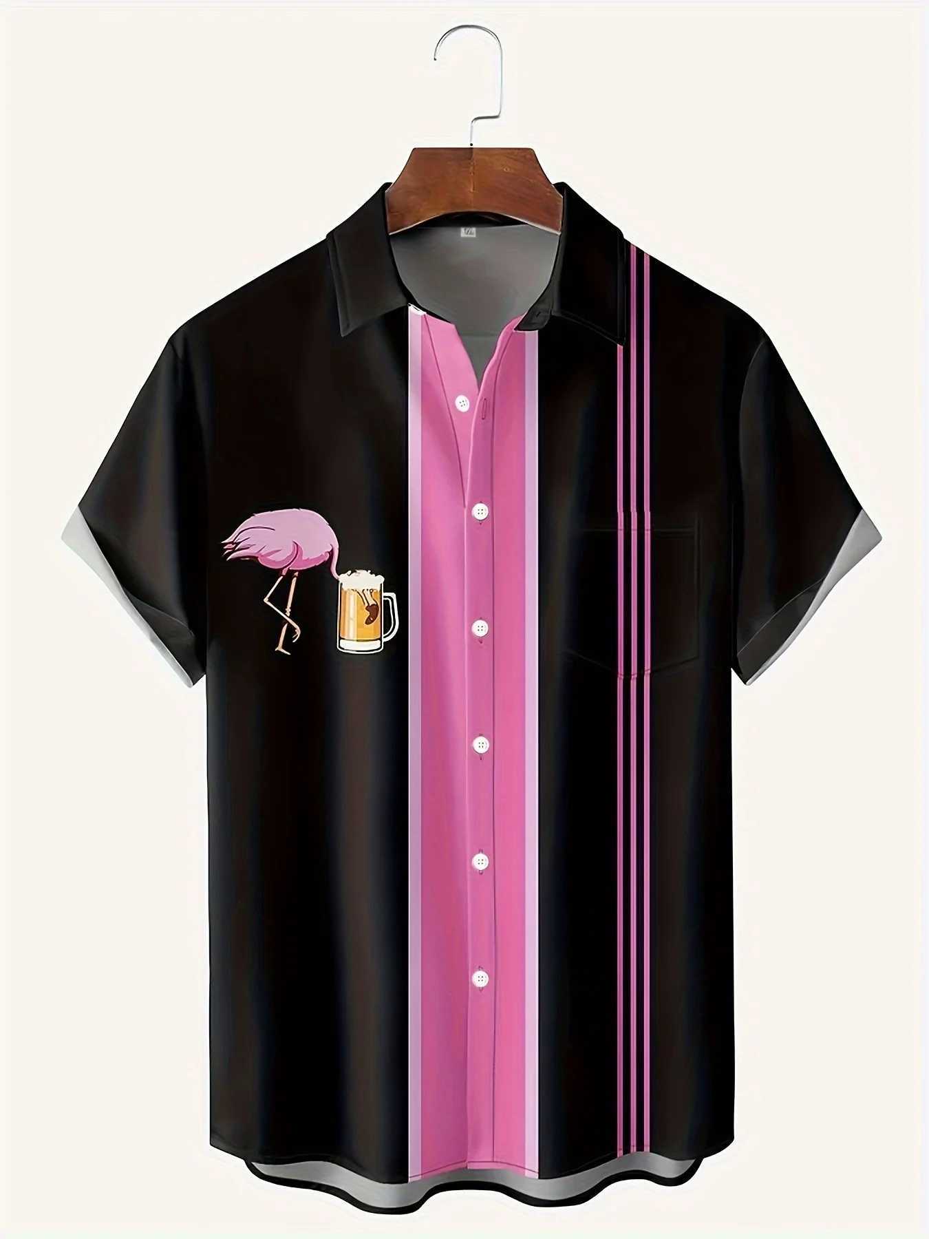 Mens plus size flamingo pattern Hawaiian shirt summer short sleeved T-shirt top Harajuku casual shirt short sleeved streetwearW240726