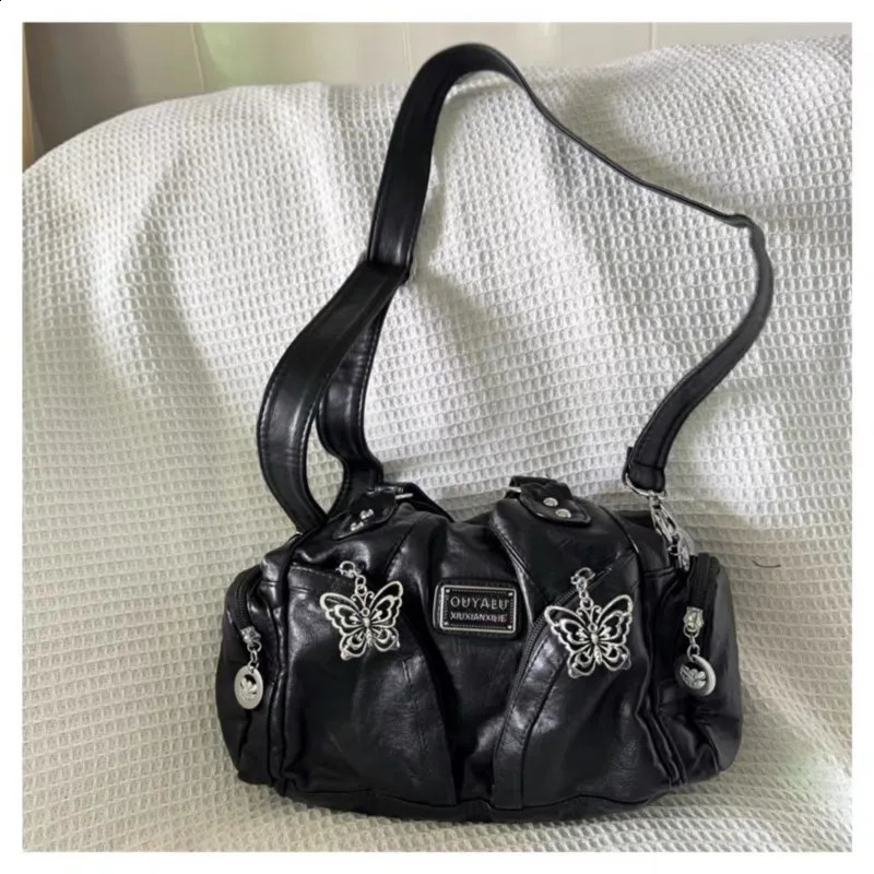 JIAERDI Retro Black Messenger Bag Purse Women Subculture Girls Butterfly Leather Y2k Handbag Female Vintage Crossbody Bags 240816