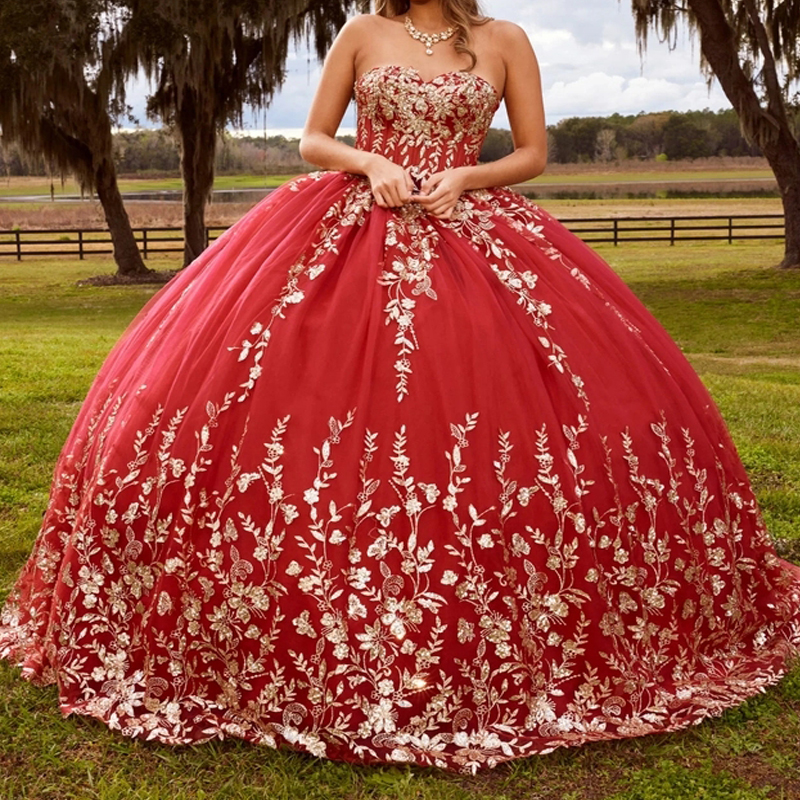 Red Quinceanera Dresses Ball Gown For 16 Girl Off the Shoulder Gold Applique Lace Tull Princess Vetido De xv 15 Anos