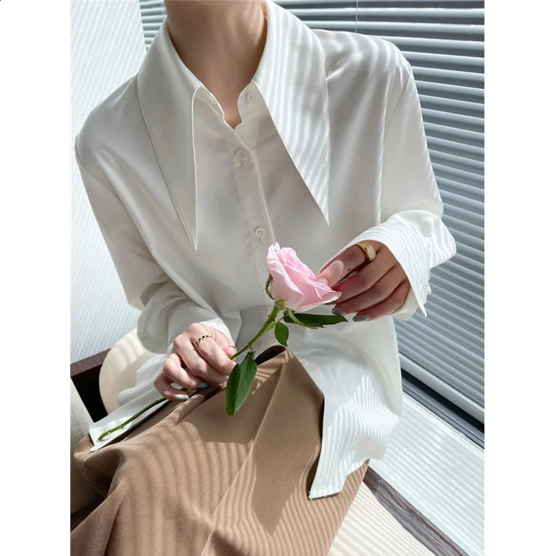 Spring Autumn Elegant Long Sleeve Loose Shirt Tops Solid Color All-match Fashion Blouse Temperament Korean Women Clothing 240816
