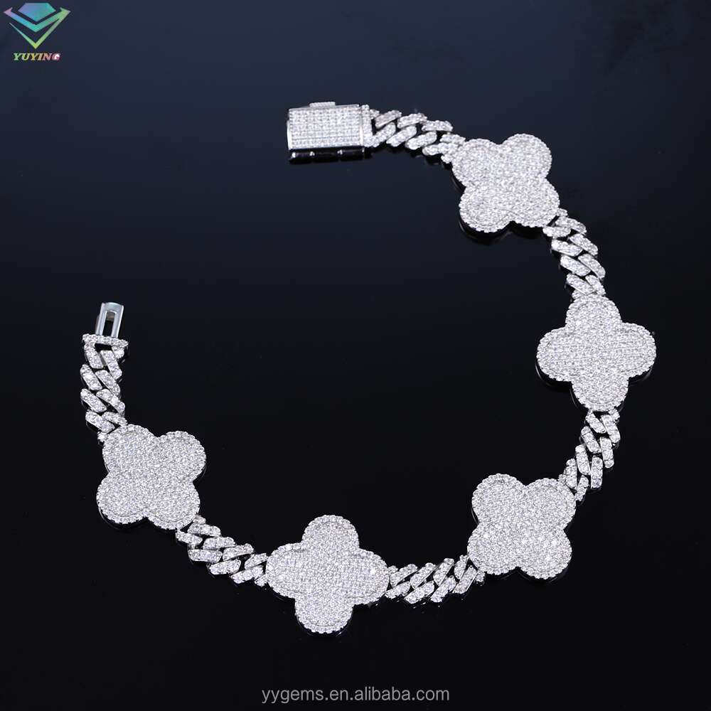 Lucky three Leaf Clover Jewelry 6mm Wide Gold Plated VVS Moissanite For Men Sier Cuban k Bracelet