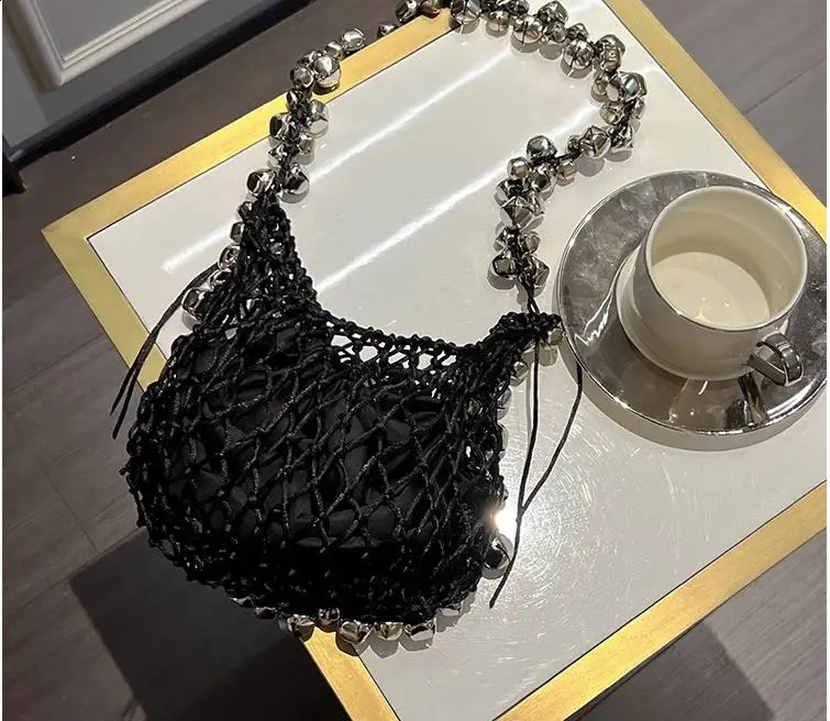 Casual Hollow Small Tote Bag er Rope Woven Women Handbags Summer Braid Beach Fishnet Bag Bali Bucket Purses Sac 240816