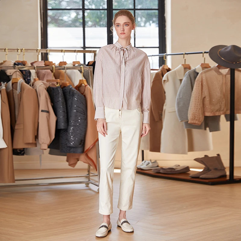 K1790W y womens highquality 70% cotton 30% silk long sleeved striped shirt 240814