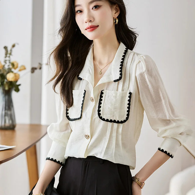 Women Clothing Fashion Turn-down Collar Long Sleeve Blouse Autumn Loose Office Lady Chiffon Shirts Casual Solid Button Tops 240816