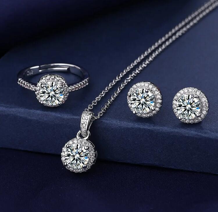 Ins Top Sell Wedding Jewelry Sets Ladies Jewellery 925 Sterling Silver Round Cut White Lab Moissanite Diamond Clavicel Necklace Stud Earring Women Rin