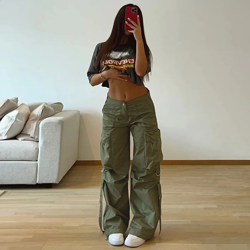 Rockmore Cargos Style Parachute Pants Low Waist Women Joggers Harajuku Pockets Baggy Wide Leg Trousers y2k Streetwear Casual Z260314