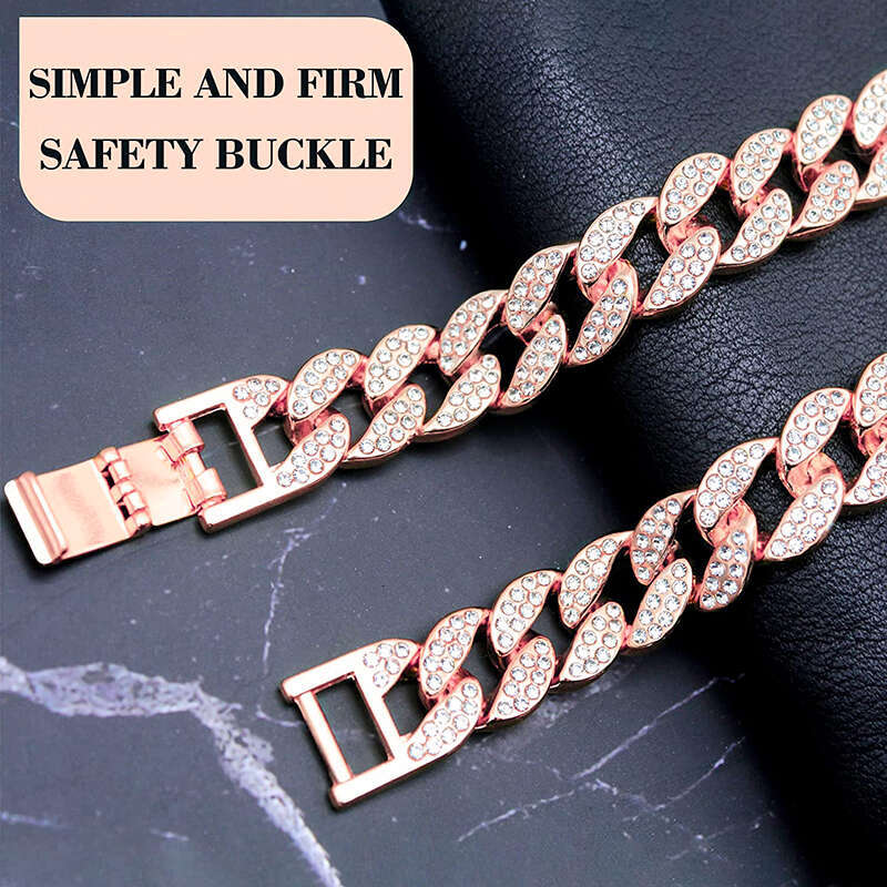 Dog Collars Pink Diamond 15MM Pet Cuban Jewelry Accessories for Dogs Cats Gold Dog Walking Metal Chain Collar H250219