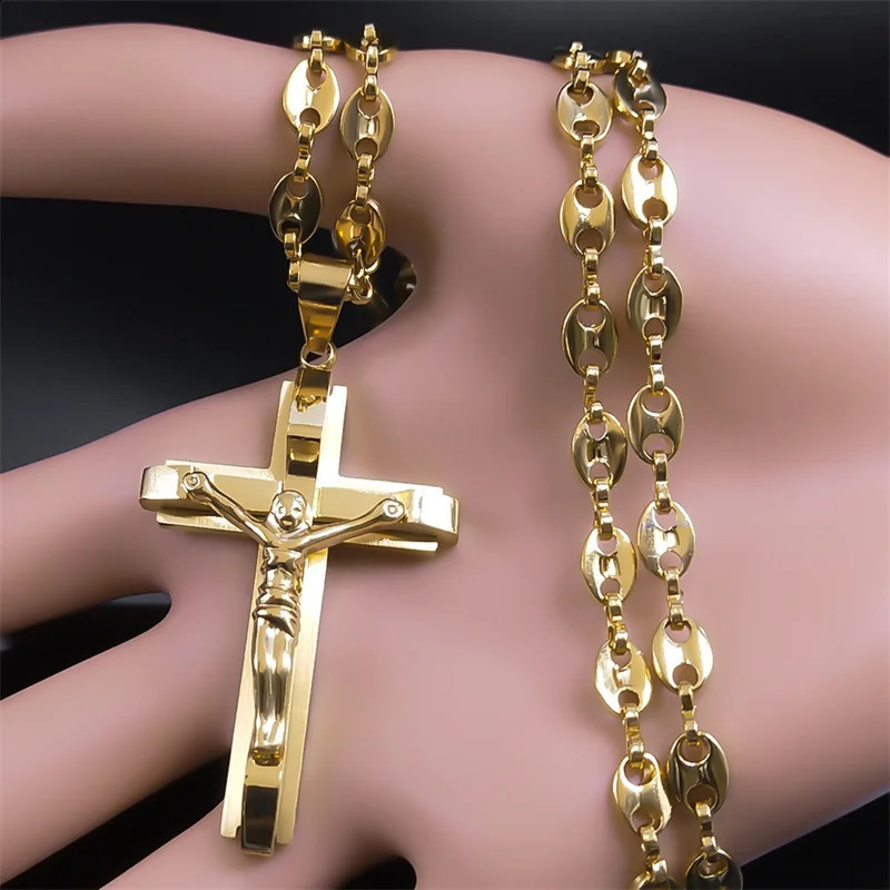 Jesus Cross Pendant Necklace Mens Stainless Steel Gold Christian Coffee Bean Chain Jewelry Crystal Necklace 240810