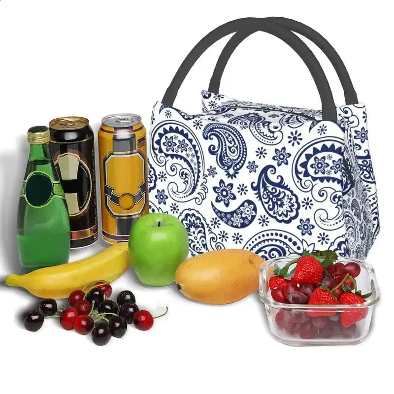 Blue And White Vintage Paisley Style Insulated Lunch Bag for Women Leakproof Flowers Pattern Cooler Thermal Lunch Tote 240816