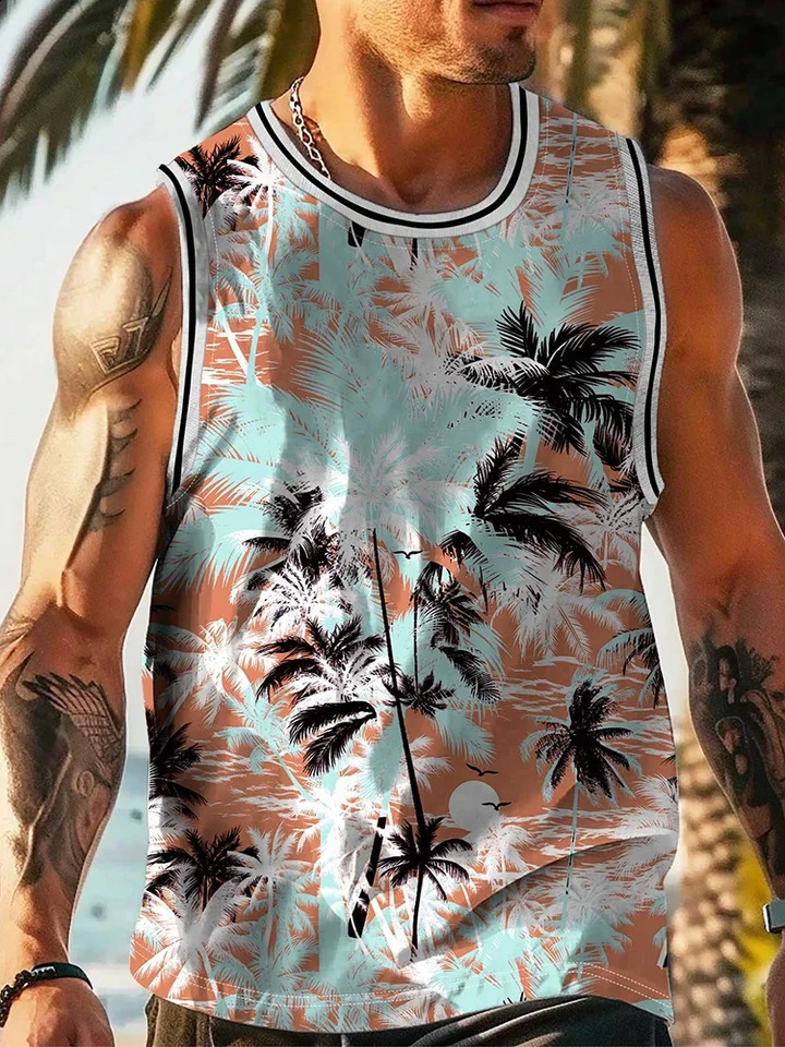Hawaiian style palm tree vest mens summer casual sleeveless T-shirt mens holiday beach party casual top 240816