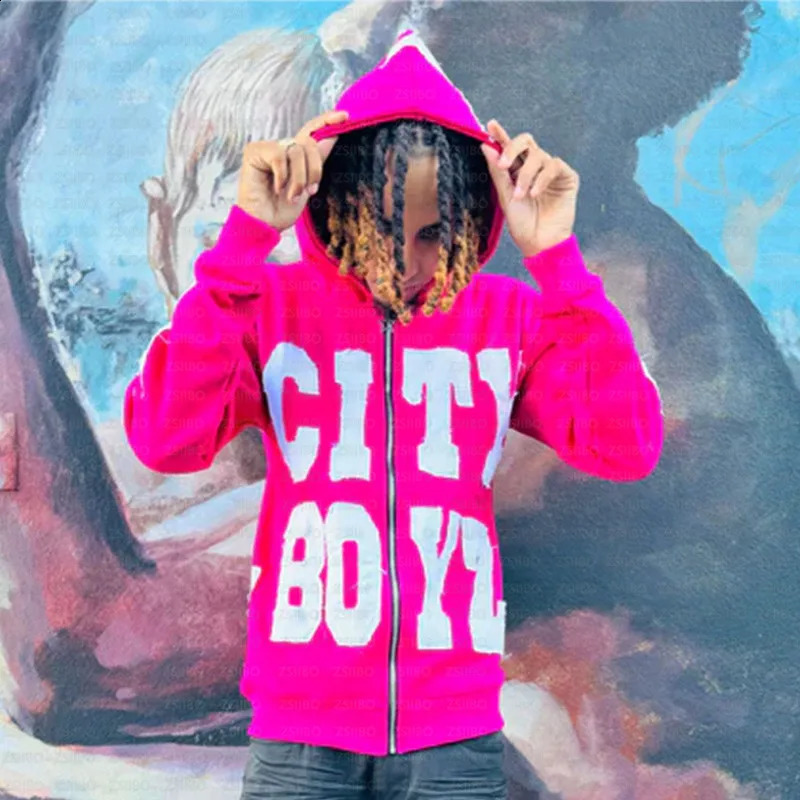 Y2K Hoodie Hip Hop Gothic Letter Splicing Loose Pulling Mens Fashion Retro Harajuku Street Clothing Casual Zipper Top 240813