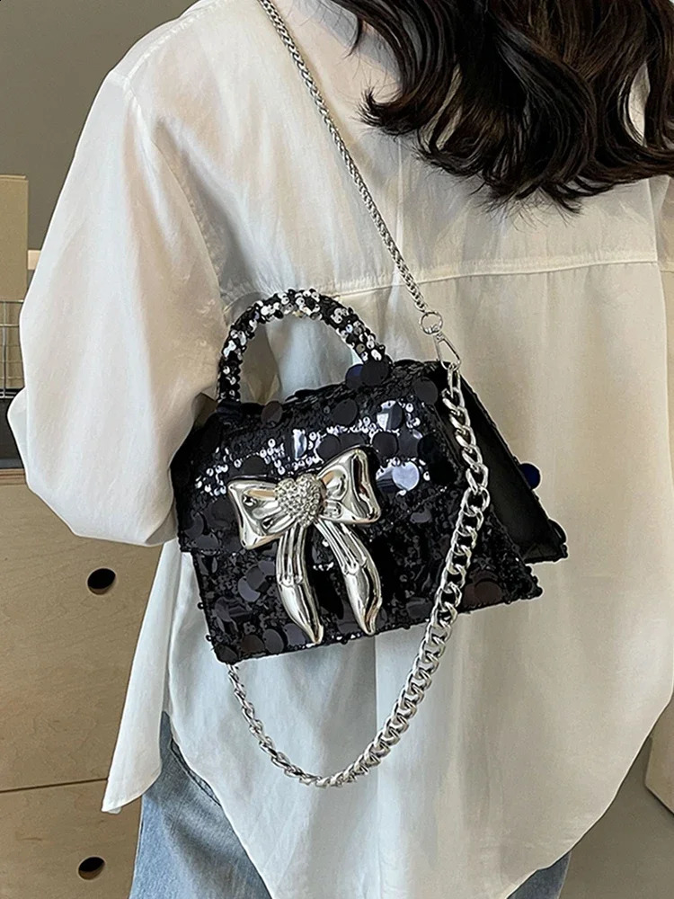 Glitter Shiny Sequins Square Bag Womens Handbag Metal Bow Knot Evening Bag Wedding Party Clutch Purse Crossbody Bag 240816