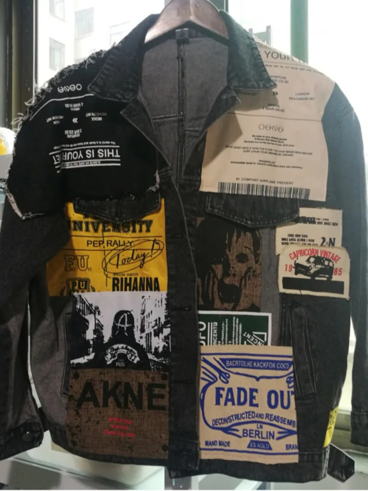 Vintage full sleeve decal spaper pattern largesized black denim jacket casual trend autumn 240814