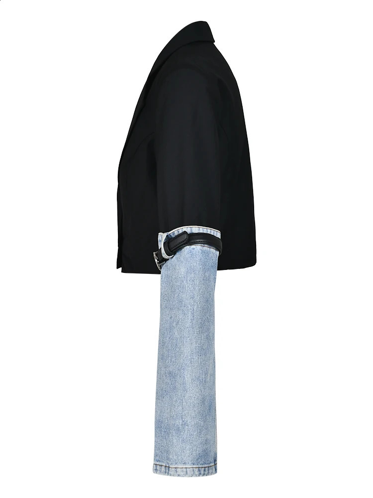 Eshin Autumn Womens Denim Patch Work Jacket with Open Collar Single Button Long Sleeve Short TH5165 240814