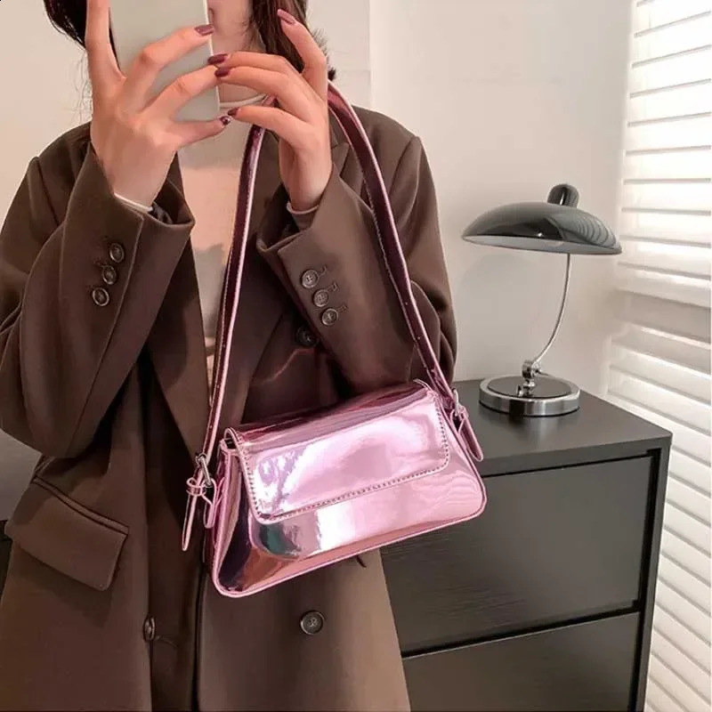 y ner Handbags for Women Laser Armpit Bag Shoulder Silver Chic Female Top Handle Bags Shopper Tote Purse 241227