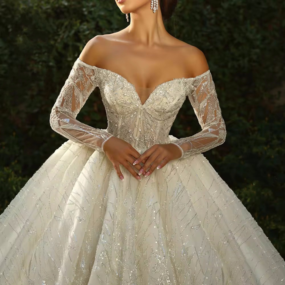 Glamorous Wedding Ball Gowns Sequins Beading Lace Bridal Dress Off Shoulder Long Sleeves Custom Made Sweep Train Vestido de novia Plus Size
