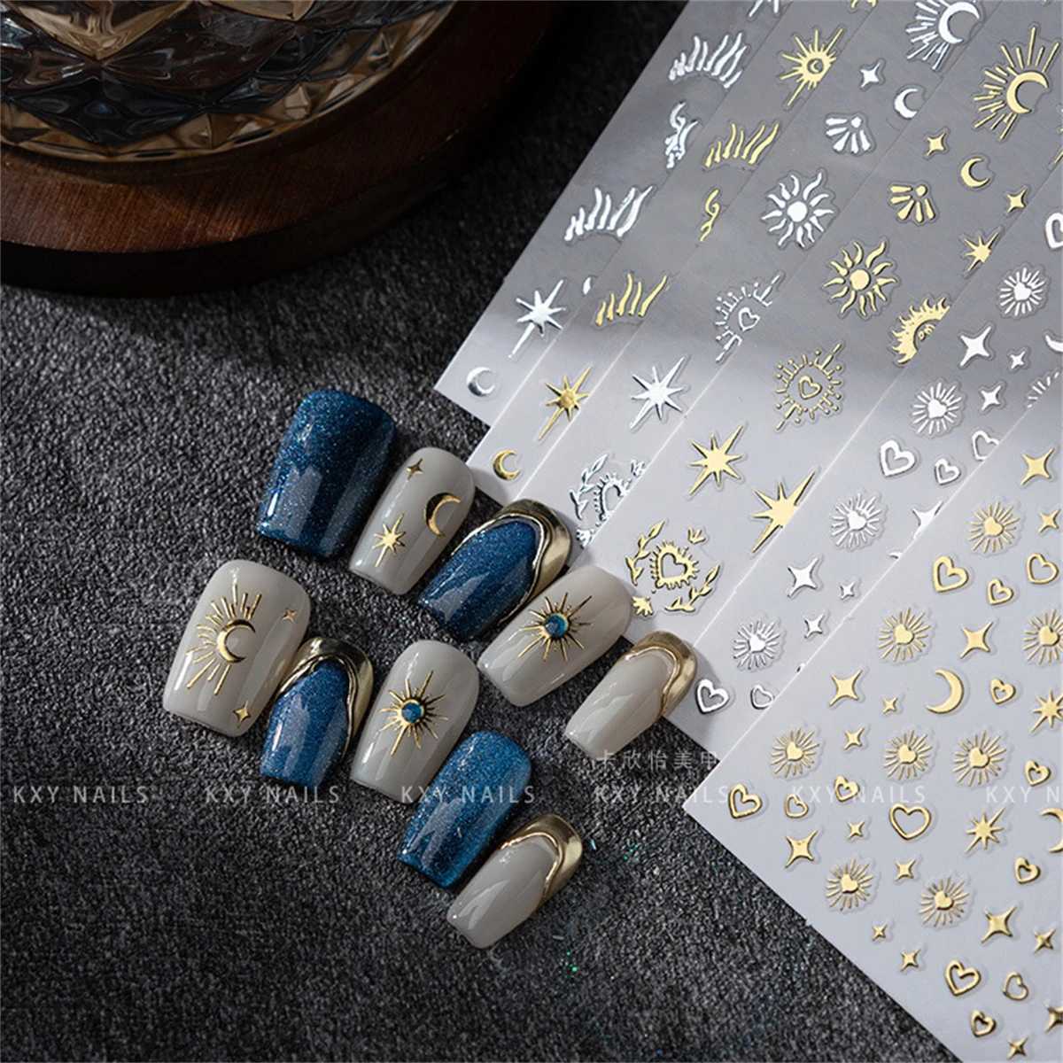 Random 5pcs Gold Silver Nail Art Decal Stickers Mixed Shapes Design Self-adhesive Sticker Acrylic Manicure Decorations AccessoryXJ240814