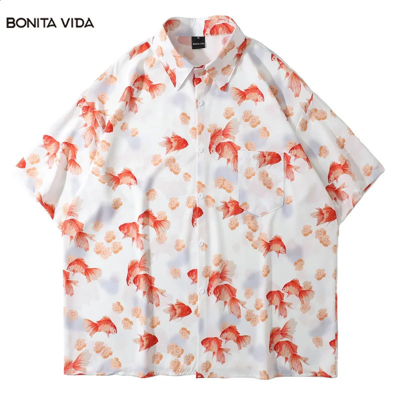 Goldfish Print Short Sleeve Loose Shirt Men Summer Y2K Streetwear Oversized Hawaiian Shirt Harajuku Casual Women Aloha Blouse 240816